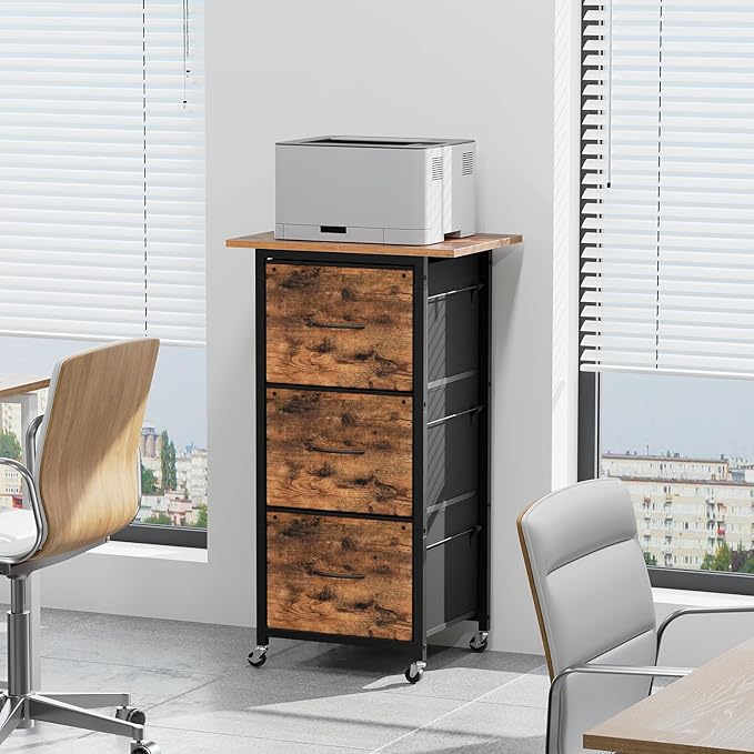 MAHANCRIS 3 Drawer File Cabinet, Vertical Filing Cabinet with Wheels, Printer Stand with Non-Woven Fabric Drawer, Adjustable Hanging Rods, fits A4/Letter Size, for Home Office, Rustic Brown FCHR5901
