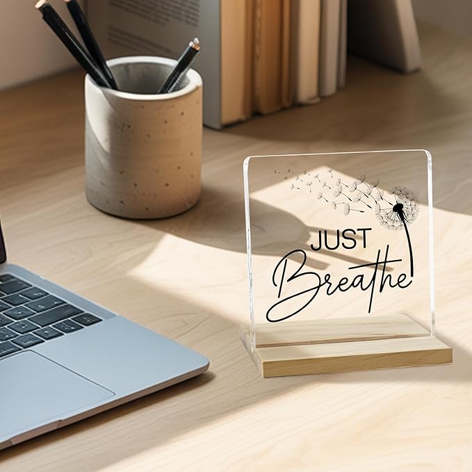 Just Breathe Desk Decor Sign, Inspirational Yoga Acrylic Decor for Home Office