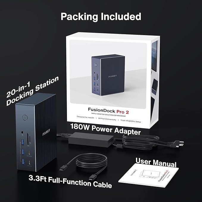 iVANKY 20-in-1 DisplayLink Docking Station 3 Monitor for Window and MacBook Pro/Air, Triple 4K@60Hz Display for M5/M4/M3/M2/M1 MacBook/Windows, 180W Power, 2.5GbE, HDMI, DP, 10Gbps, Driver Needed
