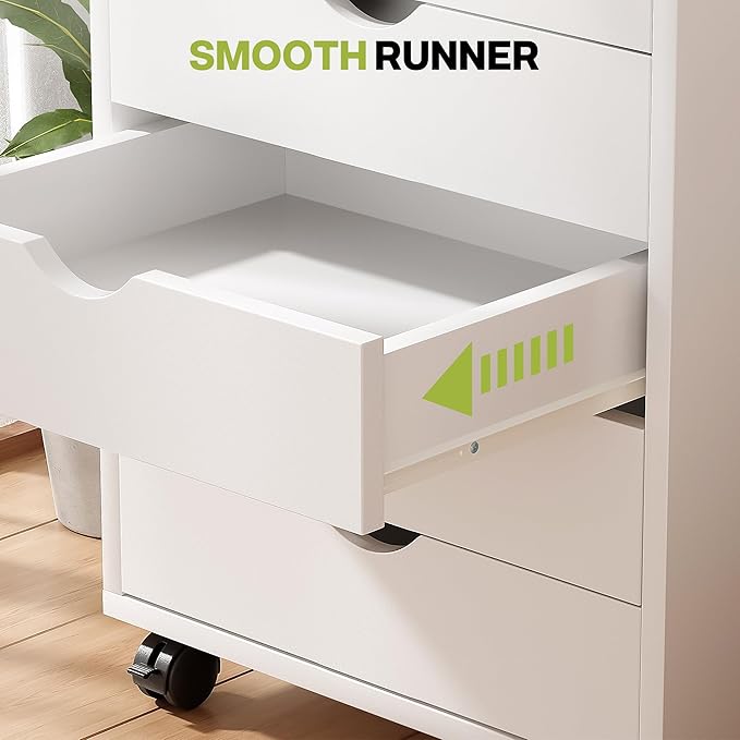 5 Drawer File Cabinet, Under Desk Storage Organization with Wheels, Mobile Filing Chest for Small Desk Printer Stand for Home Office, White