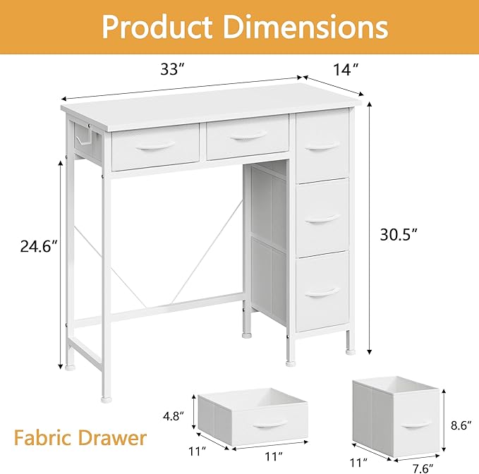 HIGDBFE Small Desk with 5 Fabric Drawers, 33 Inch Writing Desk for Home Office, Simple PC Desks for Small Place, Kids Girls Teen Study Table Vanity for Bedroom, Dorm, White, 14" D