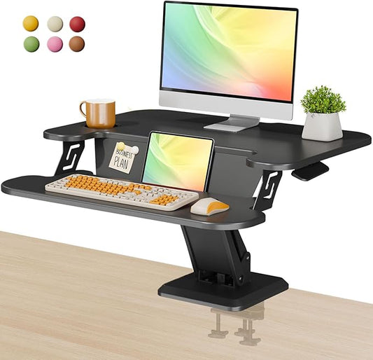 28" Standing Desk Converter, Height Adjustable Clamp Desktop Riser with Keyboard Tray, Sit Stand Monitor Riser Workstation for Home Office, Magnets Inclued, Black