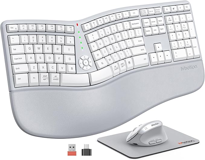 MEETION Ergonomic Keyboard and Mouse, Wireless Keyboard with Vertical Mouse, Split Curved Keyboard with Wrist Rest, Natural Typing Rechargeable Full Size, Windows/Mac/Computer/Laptop, Gray