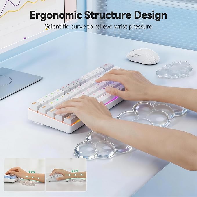 TECKNET Cloud Keyboard Wrist Rest Set, Cloud Wrist Rest with Non-Slip Base, PU Leather Wrist Pad for Keyboard with Ergonomic Memory Foam for Computer Laptop (Cloud Shape, Transparent)