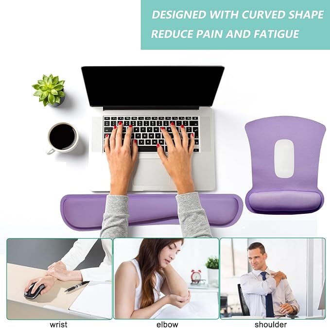 Keyboard Wrist Rest Pad Mouse Pad with Wrist Support Set of 3, Gaming Mousepad with Non-Slip Rubber Base, Ergonomic Memory Foam Mouse Cushion Support for Home Office Laptop Computer, Purple