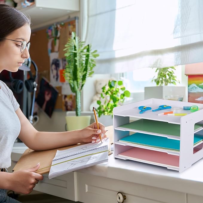 Juexica 4 Tier Scrapbook Paper Trays Organizer 12.6 x 12.6 x 8.3 Inch Stackable Paper Storage for Desk Desktop File Organizer for Home Office Classroom Decorations