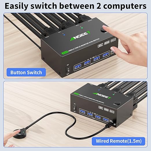 KVM Switch 3 Monitors 2 Computers 8K@60Hz 4K@144Hz, USB 3.0 Triple Monitor KVM Switch with 4 USB 3.0 Ports, 2*Displayport+1*HDMI in,3*HDMI Out,Wired Remote,Power Adapter and USB3.0 Cables Included