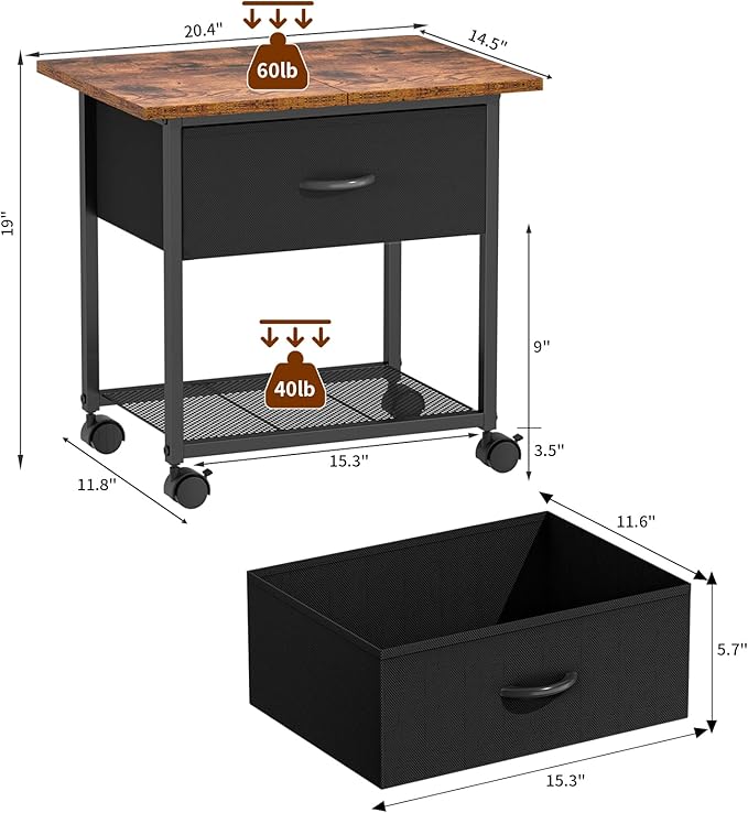 DAOUTIME 2-Tier Printer Stand with Storage Drawer, Under Desk Printer Table with Shelves, Rolling Printer Cart on Wheels for Small Spaces/Home Office, Fits 3D Printer Scanner, Rustic Brown and Black