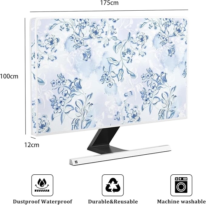 Blue Floral Waterproof Screen TV Cover 75 Inch Decorative Botanical TV Screen Covers Dust-Proof Protective for LED LCD OLED TVs During House Moving, Storing, or Home Renovation