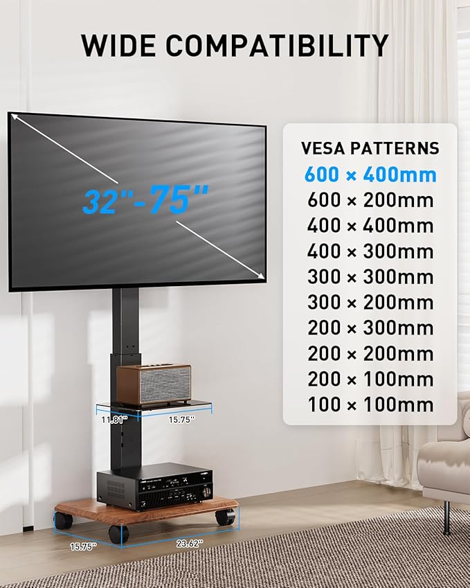 Heavy Duty 32 to 75 Inch Mobile Rolling TV Floor Stand Holds up to 132 lbs, TV Cart with Glass Shelf, Height Adjustable Portable TV Stand with Locking Wheels, Max VESA 600x400mm, Black