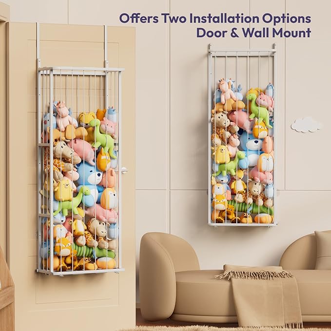 SWTYMIKI Hanging Stuffed Animal Storage - Over Door Large Plush Toy Organizer, Wall Mounted or Corner Stuffie Storage for Nursery, Doll & Bear Plush Organizer for Kid Room Bedroom (White, 3-Tier)