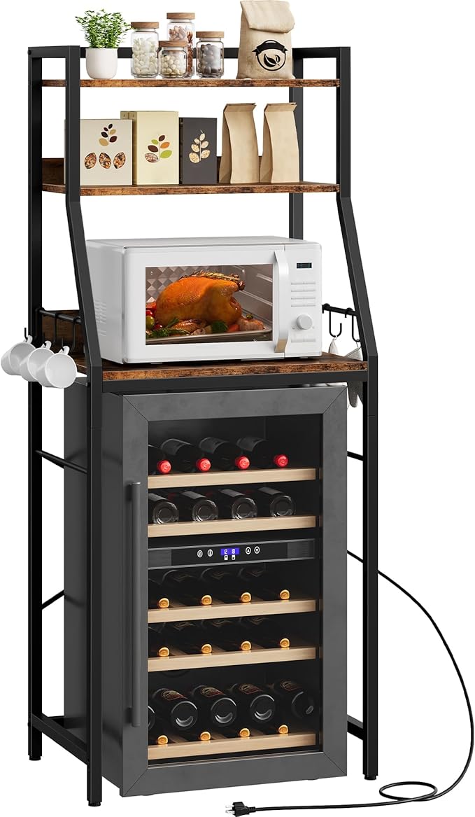 CHOEZON 4-Tier Bakers Rack with Mini Fridge Stand, Coffee Bar Station, Microwave Stand with Charging Station, Kitchen Storage Rack with 6 Hooks, for Kitchen, Dining Room, Rustic Brown THB03UBF