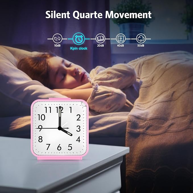 AMIR Analog Alarm Clock, Silent Non Ticking Small Clock, Travel Alarm Clock with Snooze & Light, Ascending Beep Sounds, Battery Operated Loud Alarm Clock