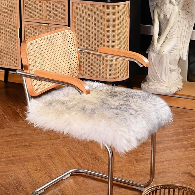 LLB Sheepskin Chair Cushion Non-Slip Back Square Genuine Fur Chair Cover Silky Natural Wool Seat Cushion Pad Soft Area Rugs Carpet for Home Office Restaurant Chair 18x18 Inch (Pack of 1), Grey Tip