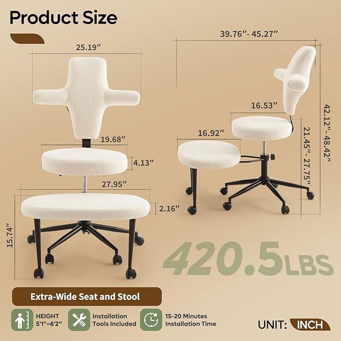 Pinmoco Ergonomic Cross Legged Office Chair Extra Wide for ADHD and Meditation, Kneeling Chair with 360° Swivel Wheels and Reversible Seating, Adjustable Height and Seat Deapth, Teddy Fabric, White