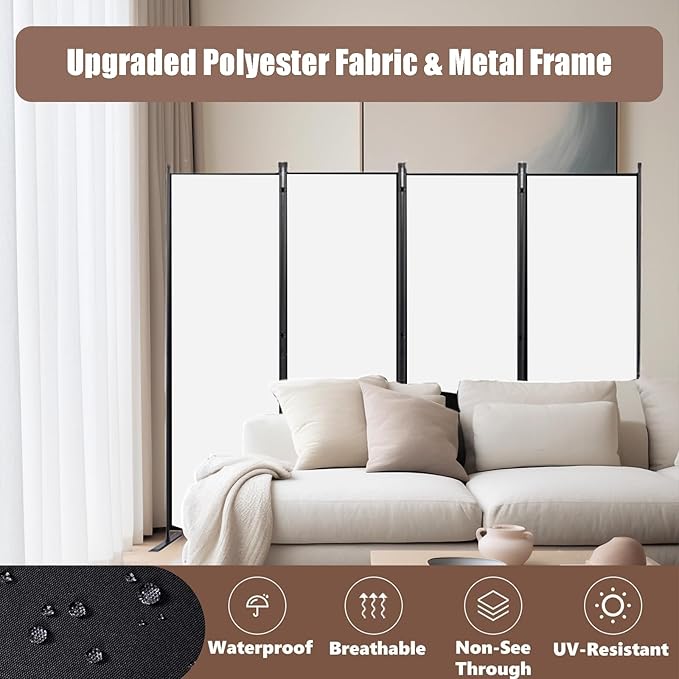 Room Dividers Folding Privacy Screens 4 Panel Partition Screen Steel Frame& Frabic Office Partition for Home Office Dorm Decor White