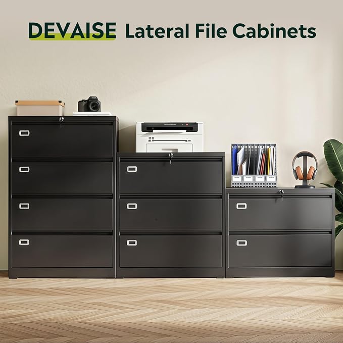 DEVAISE 3 Drawer Metal File Cabinet, Wide Lateral Filing Cabinet with Lock for Home Office Organization Hanging Files Letter/Legal/F4/A4 Size (Black, Assembly Required)