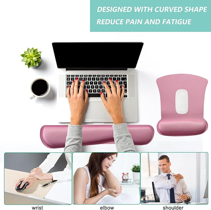 Keyboard Wrist Rest Pad Mouse Pad with Wrist Support Set of 3, Gaming Mousepad with Non-Slip Rubber Base, Ergonomic Memory Foam Mouse Cushion Support for Home Office Laptop Computer, Pink