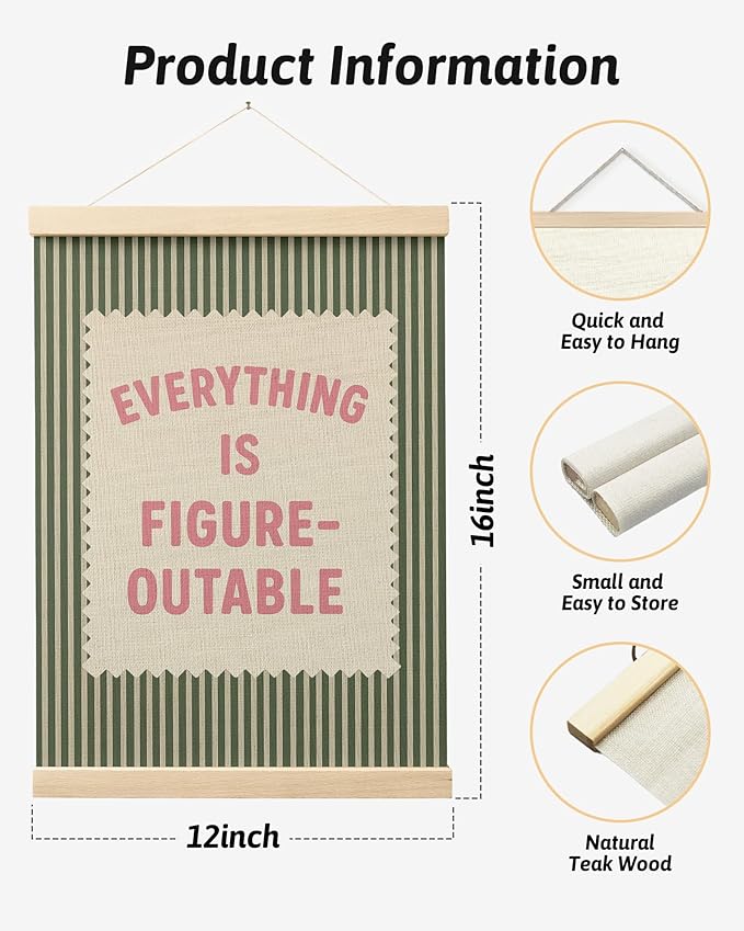 FGFK Everything Is Figureoutable Inspirational Wall Art Poster Hanger Frame, Retro Pink and Green Positive Affirmations Canvas Prints Framed Wall Decor for Home Classroom Office, 12x16 Inch