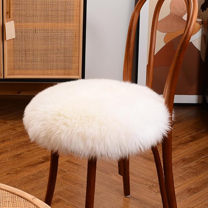 LLB Sheepskin Chair Pads - Office & Dining Room Chair Cushions (16.5" Round, Pack of 1), Ivory White