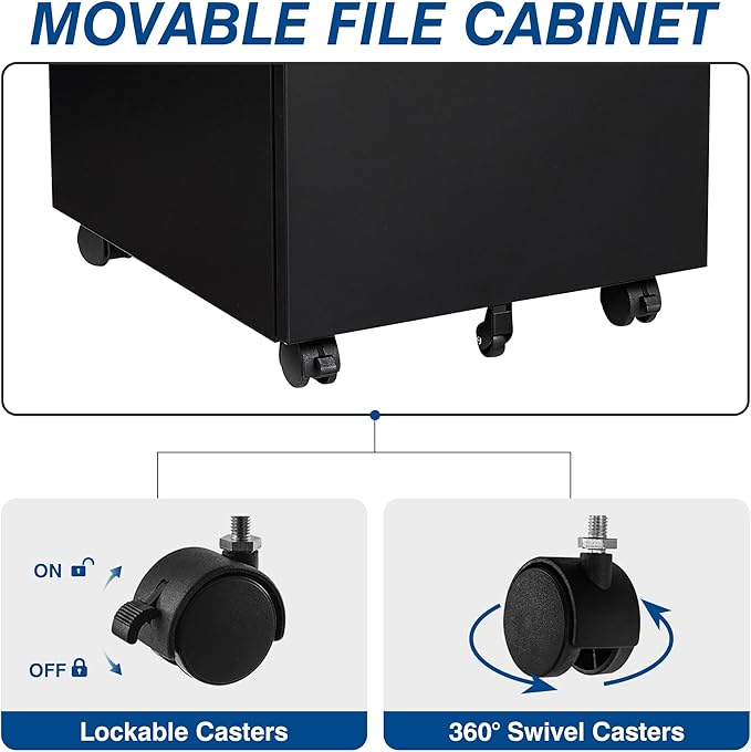 Fesbos 3 Drawer Vertical File Cabinet, Black Mobile Filling Cabinet with Lock for Legal/Letter Size, Pre-Built Office Storage File Cabinet with Wheels Under Desk - Fully Assembled