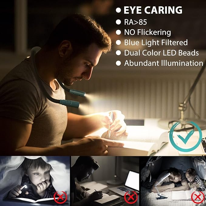 LUXJET Neck Reading Light & Book Light for Reading in Bed - Hands Free, 6 Brightness Levels, 360° Flexible Arms, 80-Hour Rechargeable - Reading, Knitting, Camping, Repairing - Gifts for Book Lovers