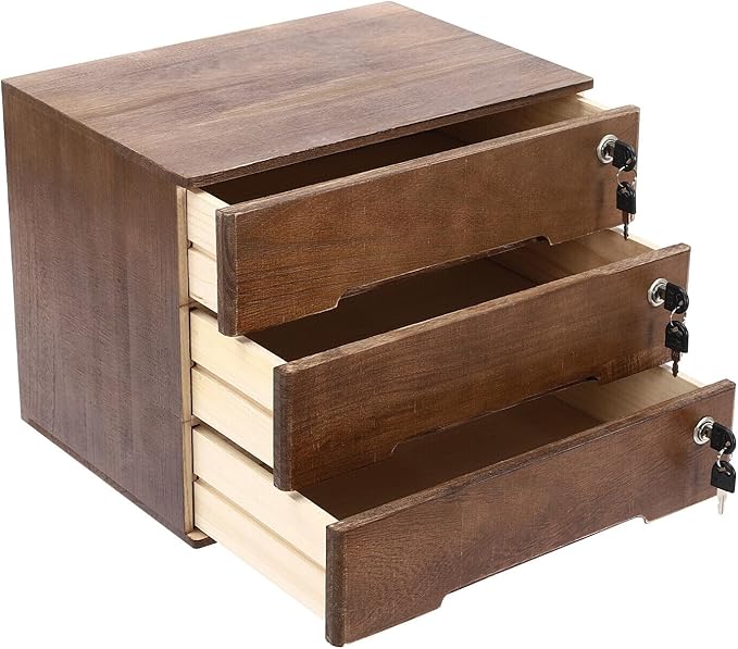 Wooden Desk Organizer with Drawers & Lock, Desktop Countertop Storage Cabinet Lockable Home Office Supplies File Tabletop Organizing Unit (3 Drawer - Retro Walnut)