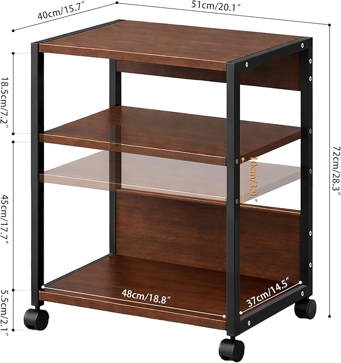 3-Tier Printer Stand with Storage, Adjustable Shelves, Lockable Wheels, Stable Steel Frame for Home & Office Rustic Brown & Black
