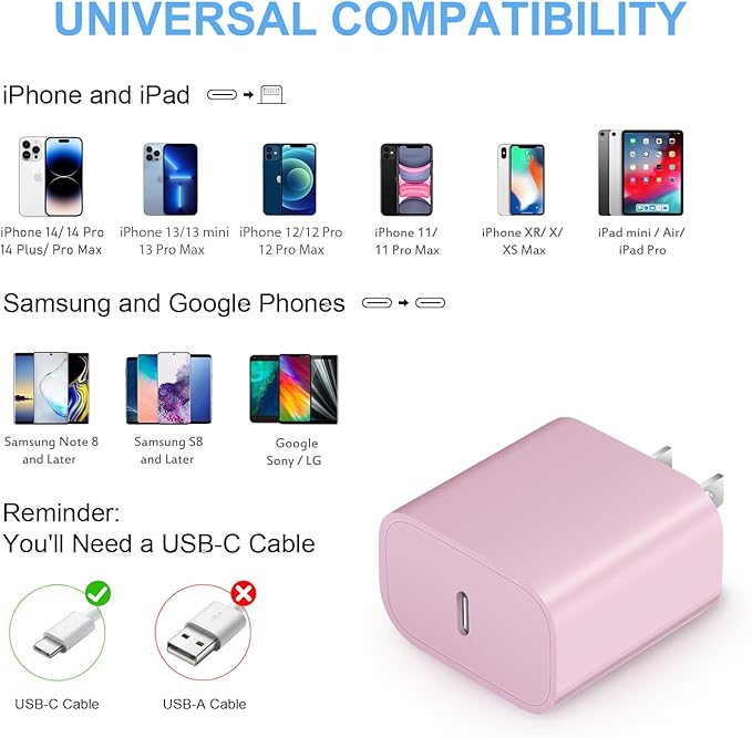 10 Ft iPhone Fast Charger, 2-Pack 20W Super Fast Charger with Long Fast Charging Cable for iPhone 14/13/12/11 Pro Max,14 Plus,Mini,Pro/XS/SE/XR/iPad - Pink