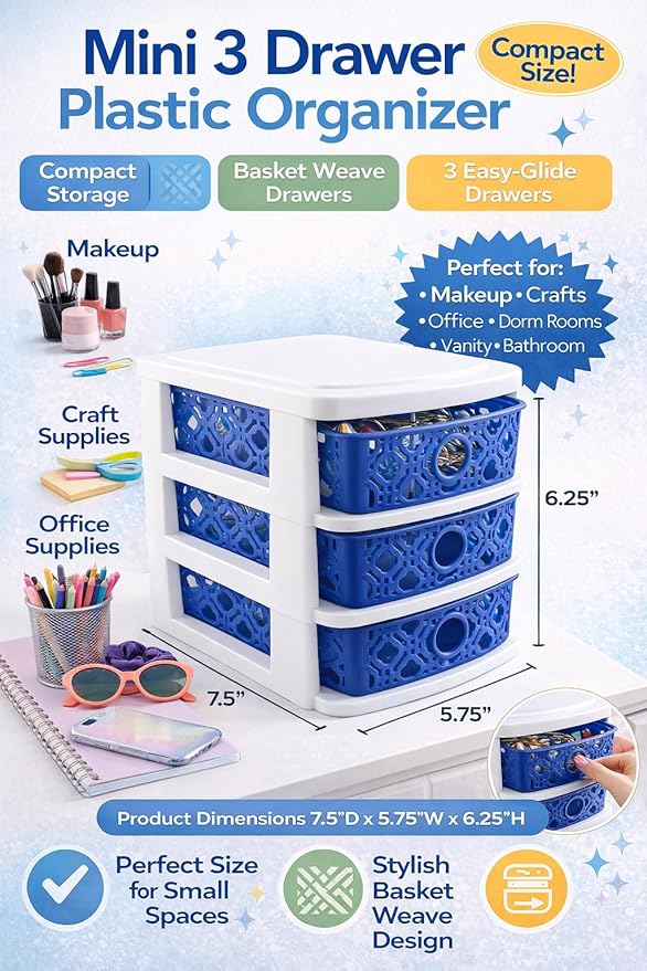 3 Drawer Basket Weave Mini Plastic Organizer Makeup HBA Cosmetics Arts & Crafts Desktop Stationary (Blue)
