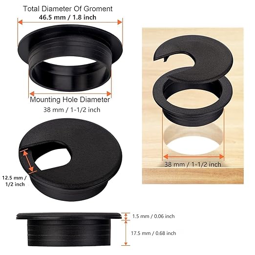 10 Pack Round Plastic Desk Grommets, Black Wire Organizer Caps, PC Computer Port Cable Hole Cover Plug Bushings, Perfect for Office Desk, TV Stands, Tabletops (38 mm / 1-1/2 inch)