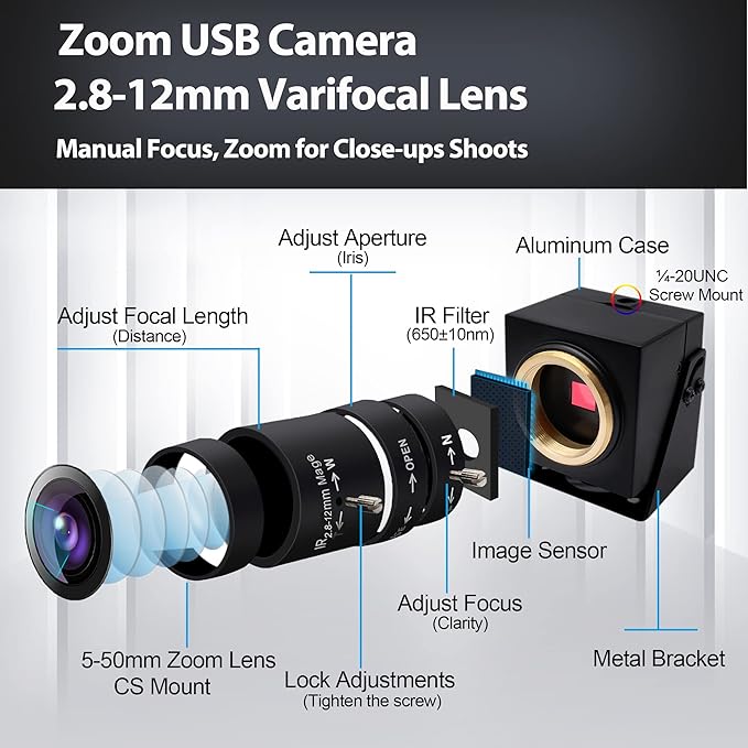 SVPRO 8MP Zoom Webcam for Laptop, 2.8-12mm Lens Manual Focus USB Camera for PC Computer Camera, Windows, Linux, MacOS, Android