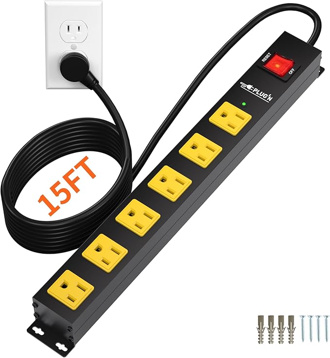 Power Strip 2700J Surge Protector, Heavy Duty Power Strips with 15FT Long Cord and Flat Plug, Wall Mountable Metal 6 Outlet Strip for Desk, Garage, Workbench and Kitchen