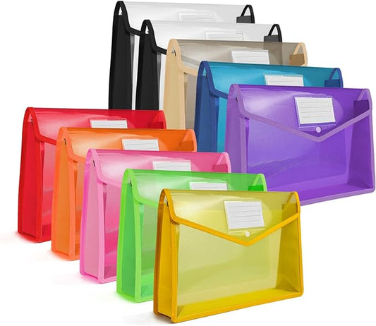 HOUYEE Pack of 10 Plastic Expanding File Folder,Multicolor Envelope File Folder Organizer Holder with Snap Closure,Expandable File Wallet Large Capacity, Fit Letter Size / A4 Documents