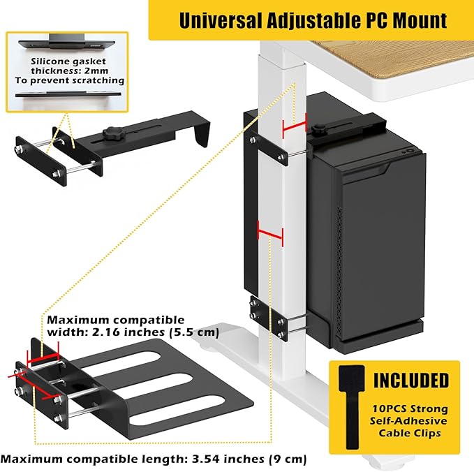 Under Desk PC Mount for Standing Desk, Universal Clamp-On PC Under Desk Mount with 10PCS Adhesive Cable Clip, No Drilling Heavy Duty Adjustable Computer Case CPU Holder Fits Most Towers, Up to 44Lbs