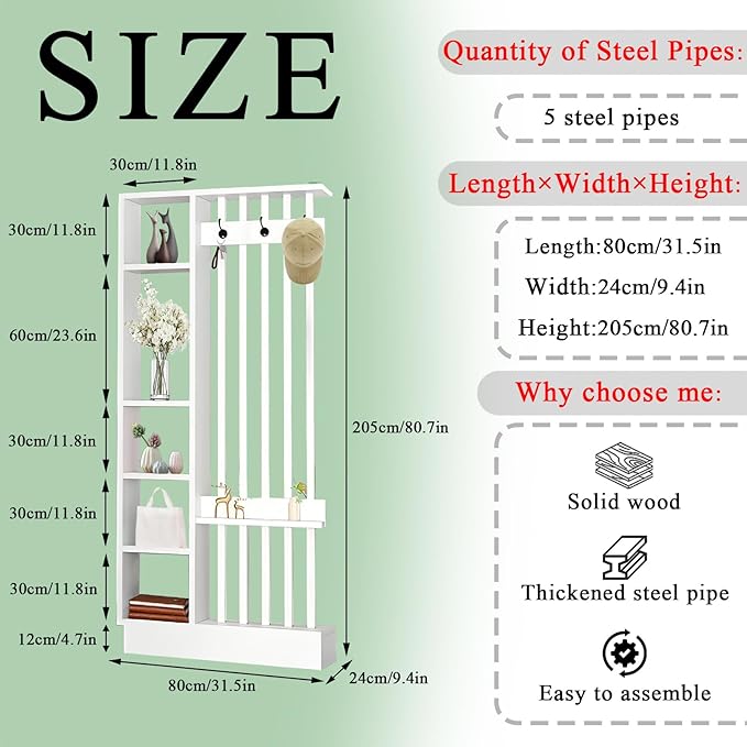 Wall Room Divider - Freestanding Wood Room Divider with Shelves and Coat Rack, Wall Divider with Storage Cabinet and Display Shelf, Freestanding Decor for Bedroom, Office