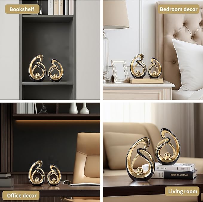 Abstract Ceramic Statue Set of 2, Black and Gold Home Decor, Modern Art Living Room Decor, Room Accessories tv cabinets Bookshelves dividers Dining Table centerpieces, Foyer Entry Decor.