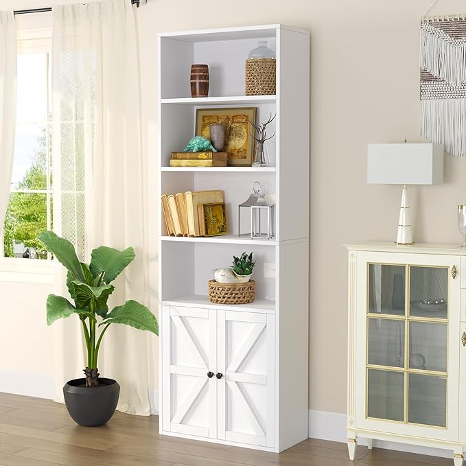 71.5" Tall Farmhouse Bookshelf, 6-Tier Bookcase with Cabinet Doors, Tall Display Shelves with Storage for Home Office, Living Room