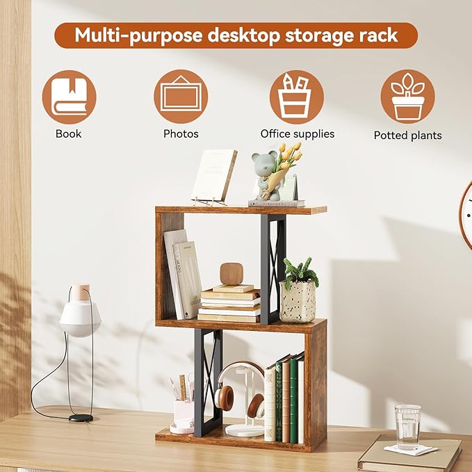 IBUYKE Desktop Bookshelf, 3-Tier Table Bookcase Shelves Storage Organizer Hutch for Office/Dorm, Solid Ability Desk Shelve UTMZ011H