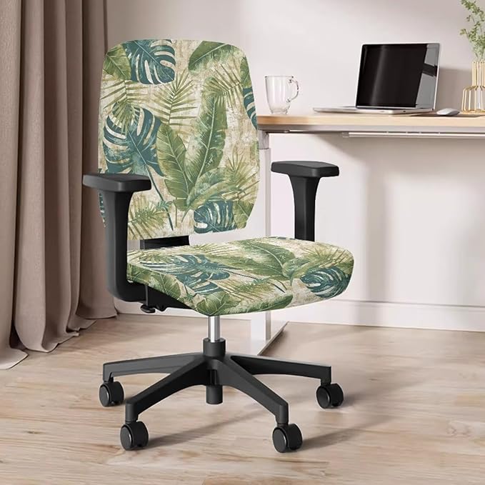 Tropical Palm Tree Leaves Office Chair Covers Washable Computer Office Chair Seat Cover Y2K Floral 2 Piece Office Chair Slipcovers Dorm Rotating Chair Slipcover
