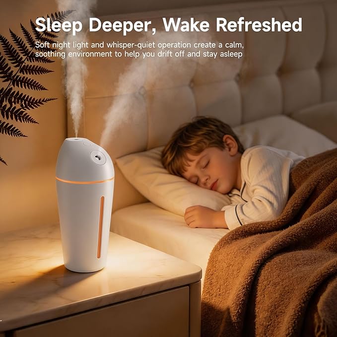 Battery Operated Portable Humidifier (Dual Nozzles)- Small Air Humidifiers for Bedroom, Plants, Office, Travel, Car, Cool Mist Humidifiers, 4 Mist Settings, Warm Night Light, Auto Shut-Off