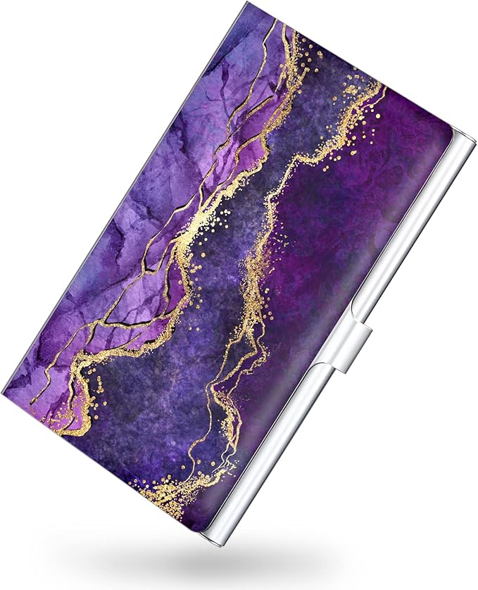 Business Card Holder，Color Printing Men's and Women's Business Card Case，Ultra-Thin Metal Business Card Organizer，Carry-on Pocket Wallet Business Card Holder,Purple Marble