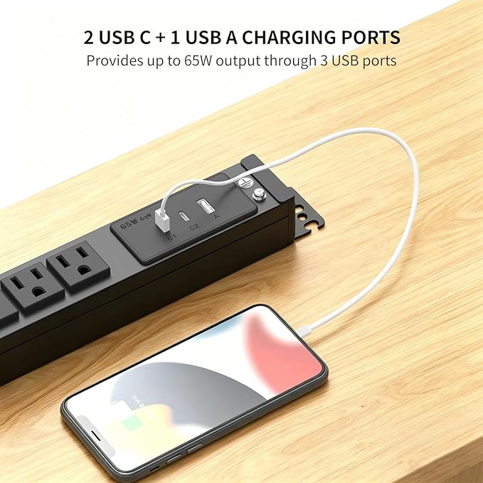 Surge Protector Power Strip, 6 Outlet Mountable PDU Power Strip with Switch, 65W Fast Charging 3 USB Ports, Heavy Duty Power Strip Surge Protector 1800J, 6 Feet Auto Lock Extension Cord, 15A/1875W