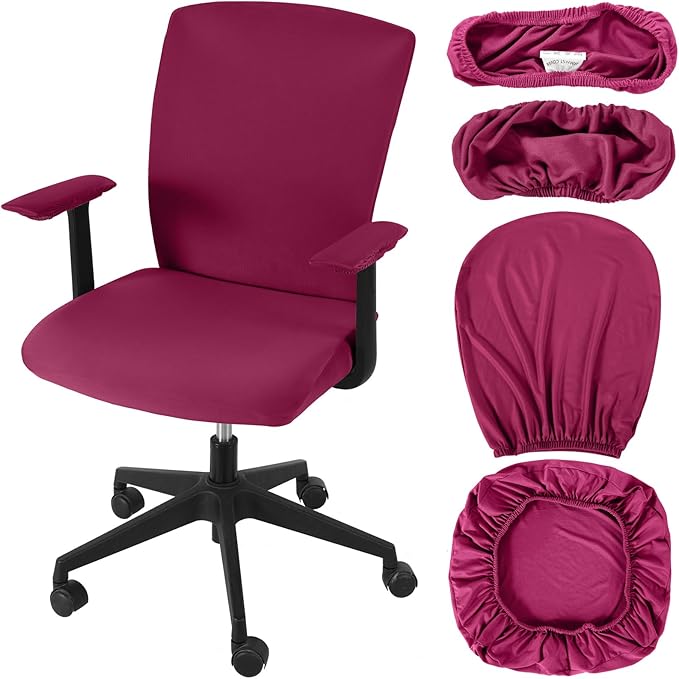 Tallew 4 Pcs Office Chair Covers Set Computer Universal Protective Stretchable Chair Seat Covers Desk Armrest Cover Pads Office Cushion Backrest for Rotating(Regular,Wine Red)