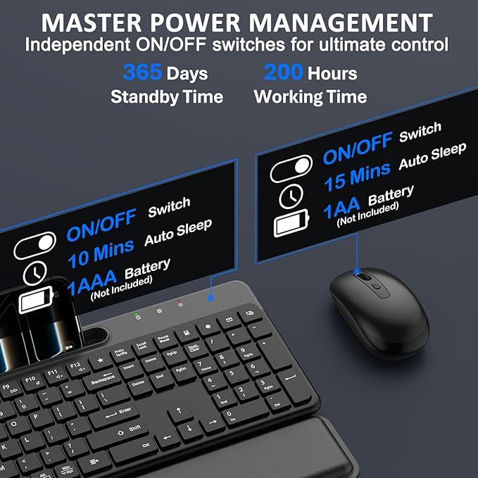 Ergonomic Wireless Keyboard and Mouse Combo, Full Size Silent Ergonomic Keyboard with Cloud Soft Palm Rest, Phone Holder, 3 DPI Adjustable Mouse, 2.4G Lag-Free Quiet for Mac, Windows, PC, Laptop