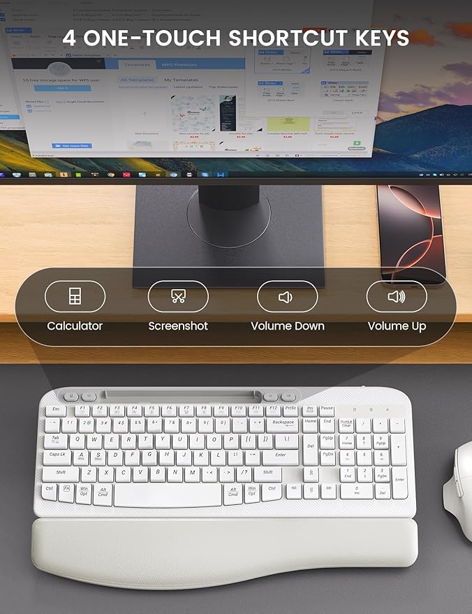 SABLUTE Wireless Keyboard and Mouse Combo, Ergonomic Wave Keys, Cushioned Palm Rest, Rechargeable, Phone Holder, Natural Typing, 2.4G Lag-Free, MA22 Plus Full Size Keyboards Set for Windows/Mac, White