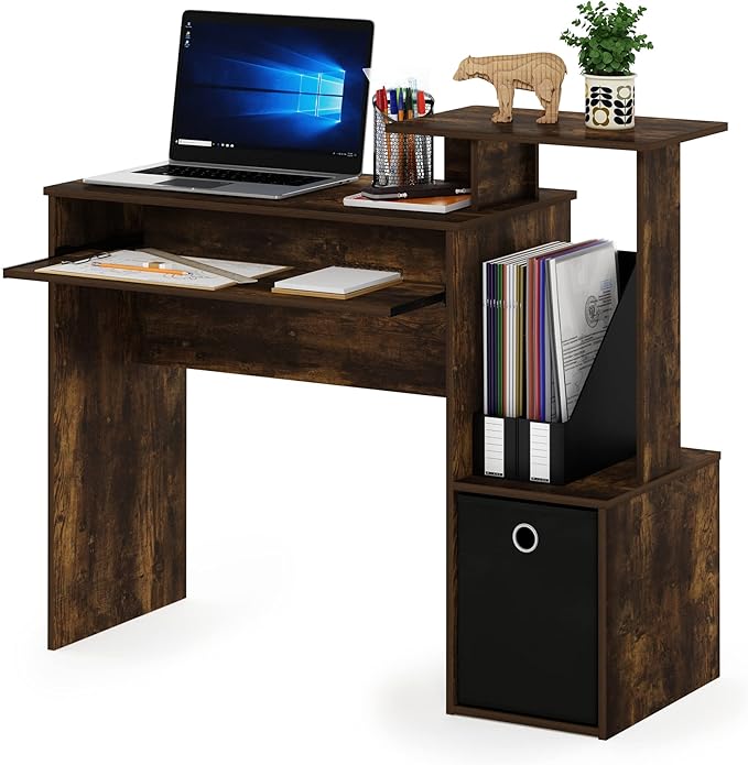 Furinno ECON Desk, 40" Gaming Desk with Keyboard Tray, Computer Desk, Office Desk with Side Shelves and Storage Bin, 40-Inch, for Home Office, Study Room, Dorm, Amber Oak