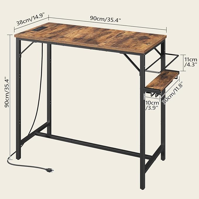 MAHANCRIS Bar Table, 35.4-Inch Counter Height Pub Table with Charging Station, Rectangular Dining Table with Wine Rack and Glass Holder, High Top Cocktail Tables, for Kitchen (Only Table)