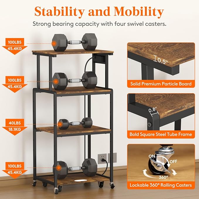 Lifewit 4 Tier Printer Stand with 3 Power Outlets, Wheels and Adjustable Storage Shelf for Home Office, Rolling Printer Cart for Shredder, Scanner, Fax, Hold 340lbs, Rustic Brown