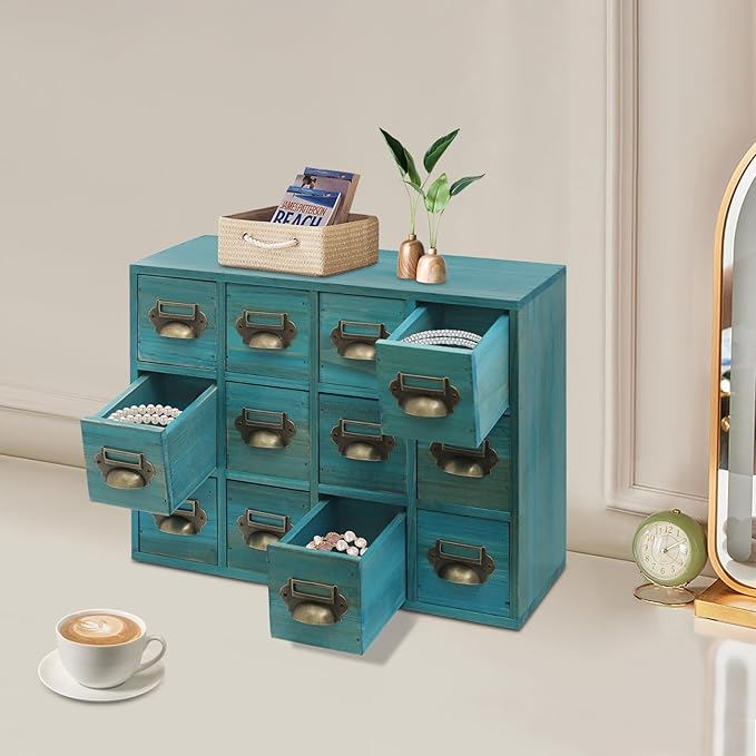 12 Drawer Drawers Storage Cabinet, Wooden Medicine Cabinet Desktop Drawer Organizer Herb Storage Box with Solid Wood Build & No Assembly for organize spices medicines jewelry cosmetics(Blue)